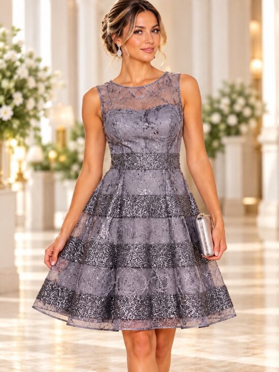 Kay Unger Dresses & Skirts - Kay Unger Silver Gray Sequin Lace Cocktail Dress Size 12 Embellished Formal